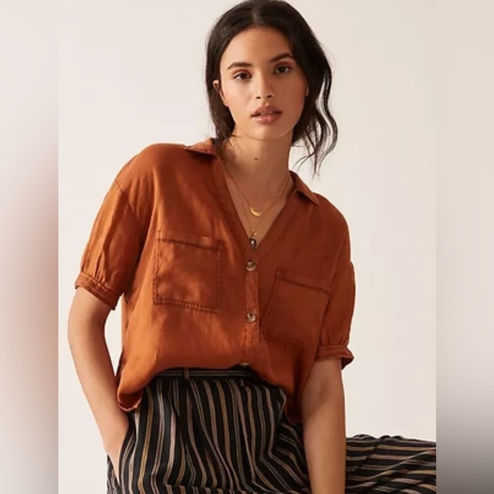 Rust Button-Front Short Sleeve Women's Top